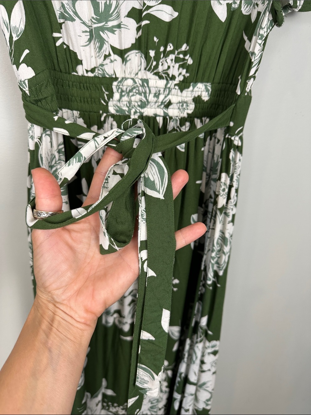 Patrons of Peace Olive Green White Floral faux Wrap Maxi Dress boho Cottagecore - Picture 8 of 11